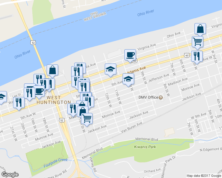 map of restaurants, bars, coffee shops, grocery stores, and more near 1123 5th Avenue West in Huntington