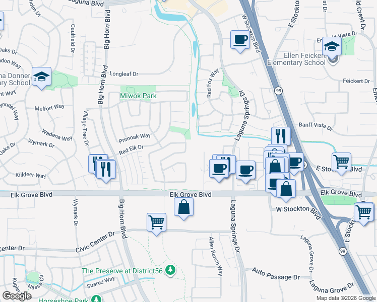 map of restaurants, bars, coffee shops, grocery stores, and more near 9513 Big Timber Drive in Elk Grove
