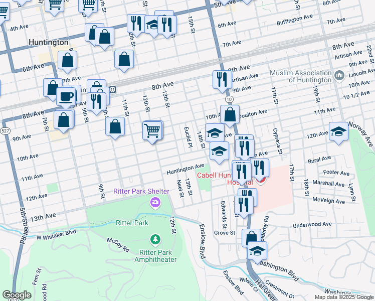 map of restaurants, bars, coffee shops, grocery stores, and more near 1336 Charleston Avenue in Huntington