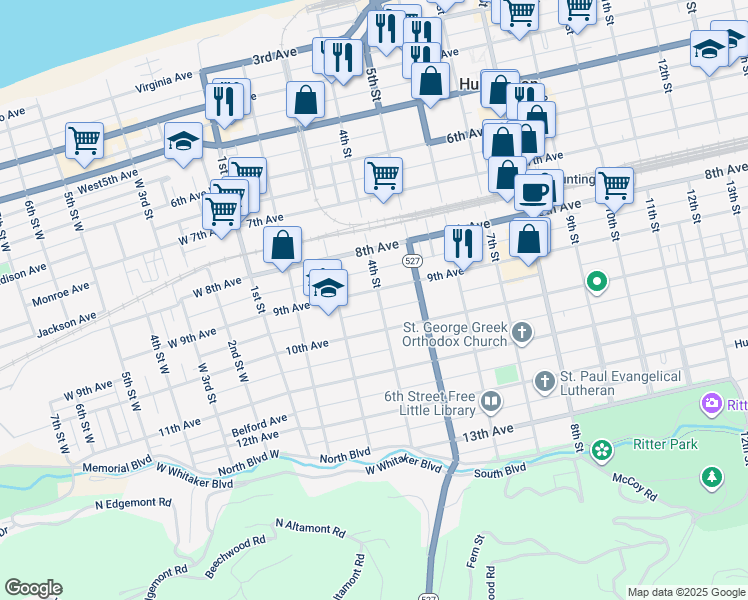 map of restaurants, bars, coffee shops, grocery stores, and more near 337 9th Ave in Huntington