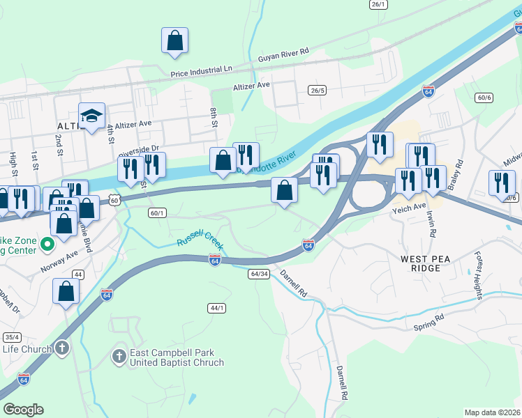 map of restaurants, bars, coffee shops, grocery stores, and more near 5027 West Pea Ridge Road in Huntington