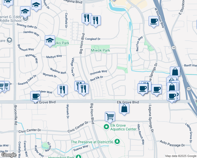 map of restaurants, bars, coffee shops, grocery stores, and more near 8213 Starburst Lane in Elk Grove
