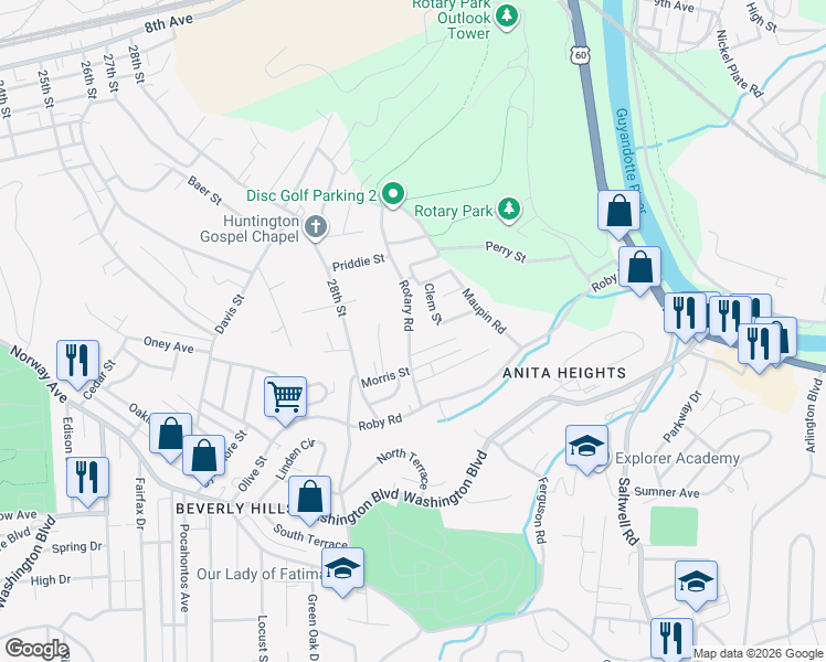 map of restaurants, bars, coffee shops, grocery stores, and more near 306 Rotary Road in Huntington