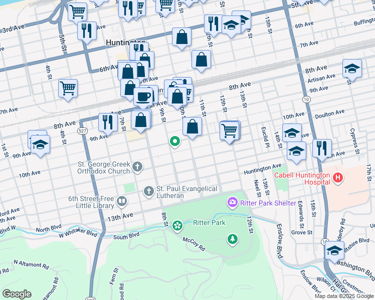 map of restaurants, bars, coffee shops, grocery stores, and more near 1023 10th Street in Huntington