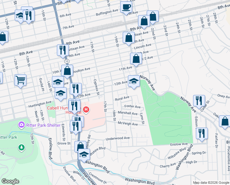 map of restaurants, bars, coffee shops, grocery stores, and more near 1701-1799 Hall Ave in Huntington
