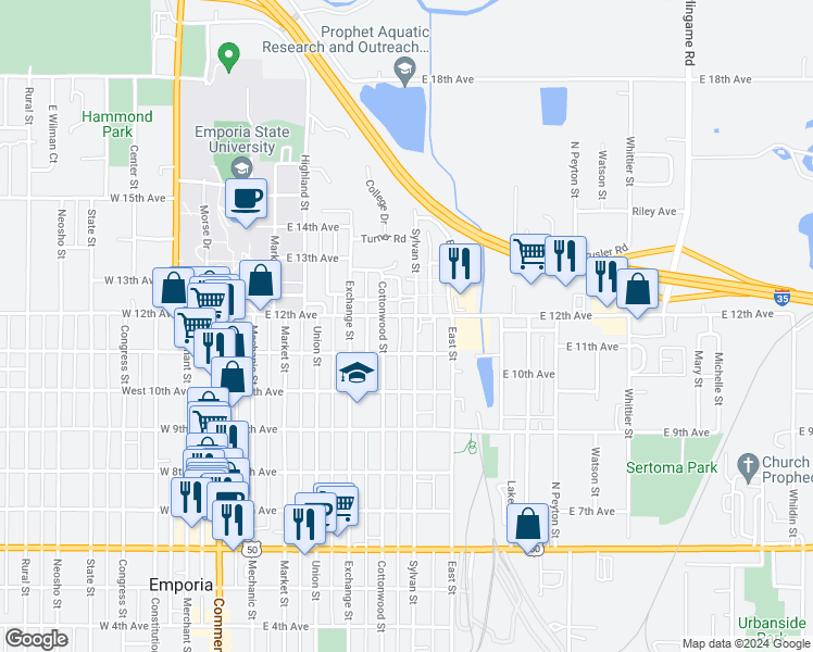 map of restaurants, bars, coffee shops, grocery stores, and more near 519 E 12th Ave in Emporia