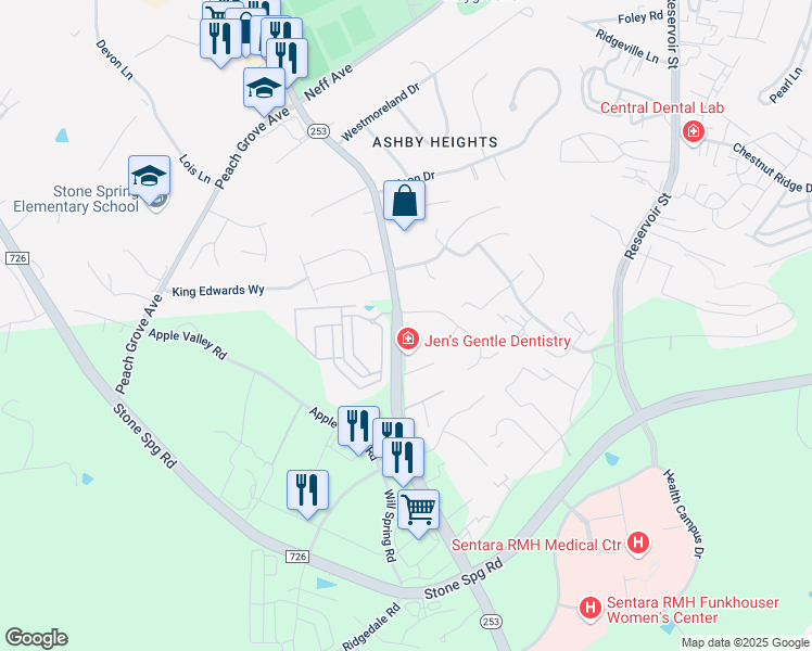 map of restaurants, bars, coffee shops, grocery stores, and more near 1541 Port Republic Road in Harrisonburg