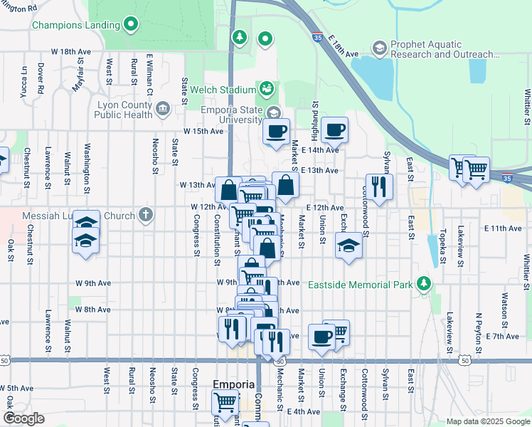 map of restaurants, bars, coffee shops, grocery stores, and more near 1124 Commercial Street in Emporia