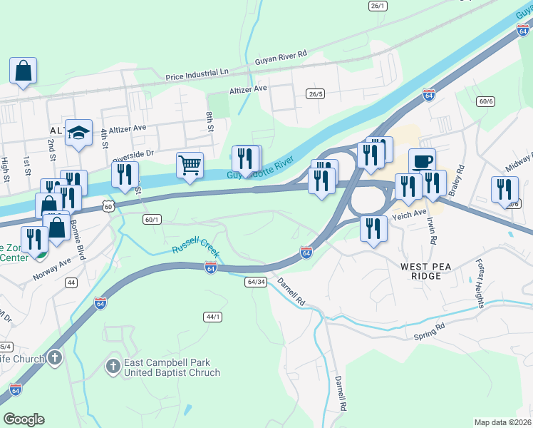 map of restaurants, bars, coffee shops, grocery stores, and more near 5027 West Pea Ridge Road in Huntington