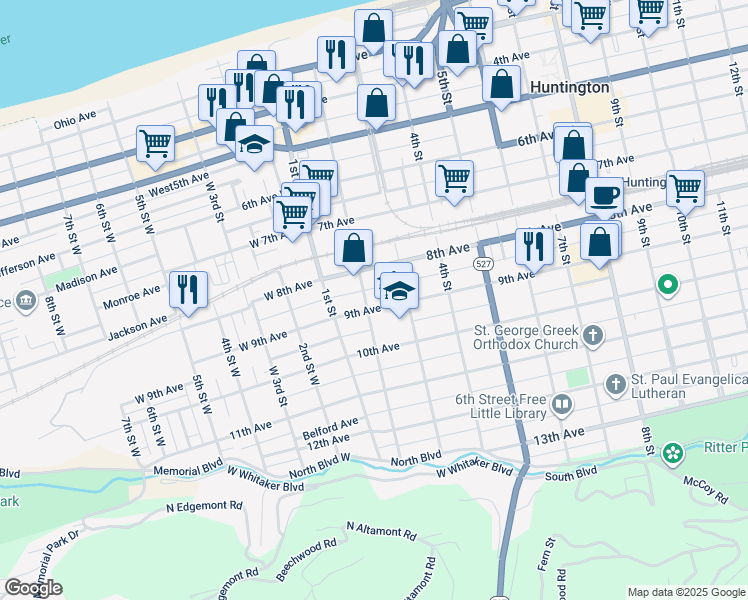 map of restaurants, bars, coffee shops, grocery stores, and more near 204 9th Avenue in Huntington