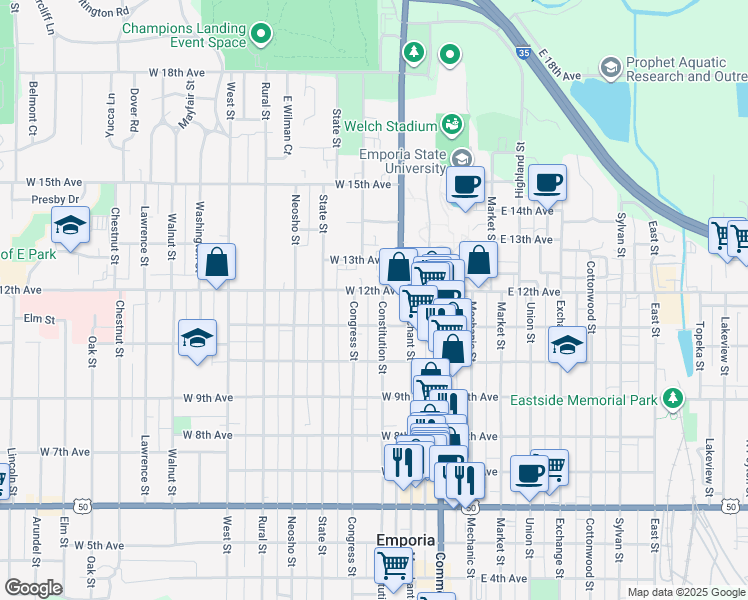 map of restaurants, bars, coffee shops, grocery stores, and more near 1121 Constitution Street in Emporia