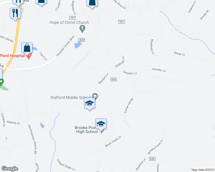 map of restaurants, bars, coffee shops, grocery stores, and more near 1574 Courthouse Road in Stafford