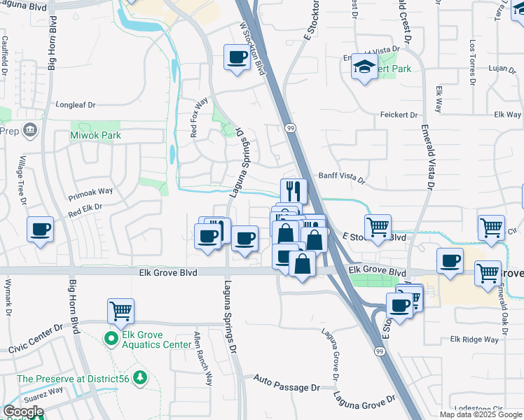 map of restaurants, bars, coffee shops, grocery stores, and more near 9624 Oak Reserve Lane in Elk Grove