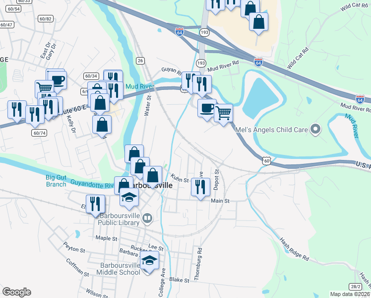 map of restaurants, bars, coffee shops, grocery stores, and more near 111 Campbell St in Barboursville