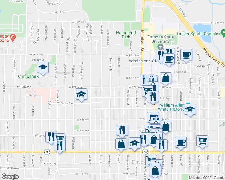 map of restaurants, bars, coffee shops, grocery stores, and more near 1124 Neosho Street in Emporia
