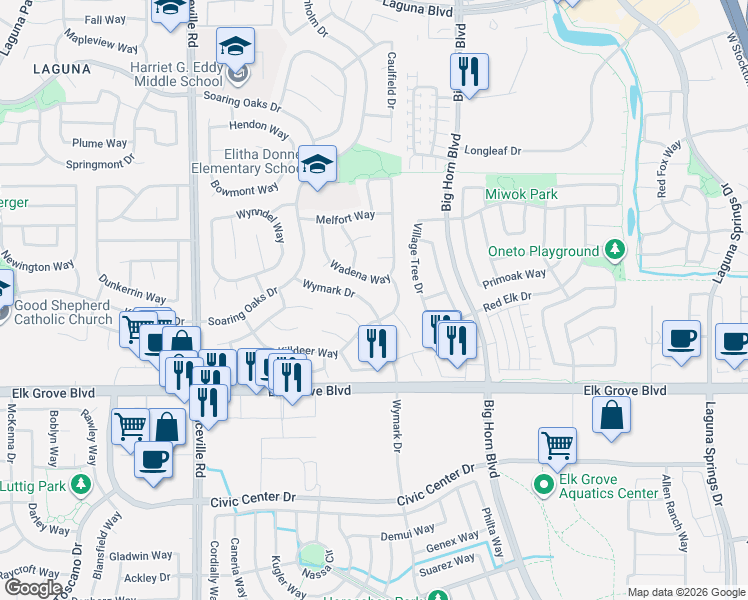 map of restaurants, bars, coffee shops, grocery stores, and more near 7917 Wymark Drive in Elk Grove