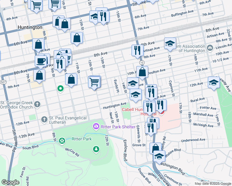 map of restaurants, bars, coffee shops, grocery stores, and more near 1118 13th Street in Huntington