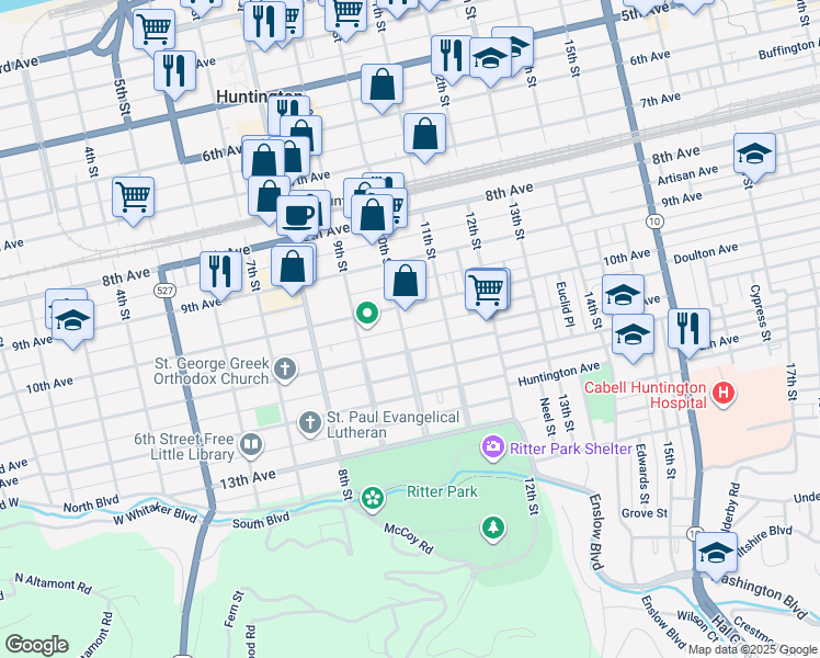 map of restaurants, bars, coffee shops, grocery stores, and more near 1023 10th Street in Huntington