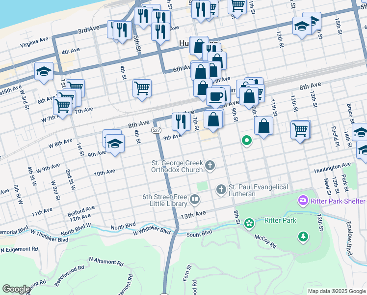 map of restaurants, bars, coffee shops, grocery stores, and more near 610 10th Avenue in Huntington