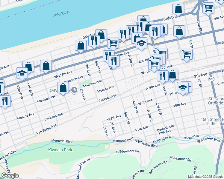 map of restaurants, bars, coffee shops, grocery stores, and more near 733-799 5th Street West in Huntington