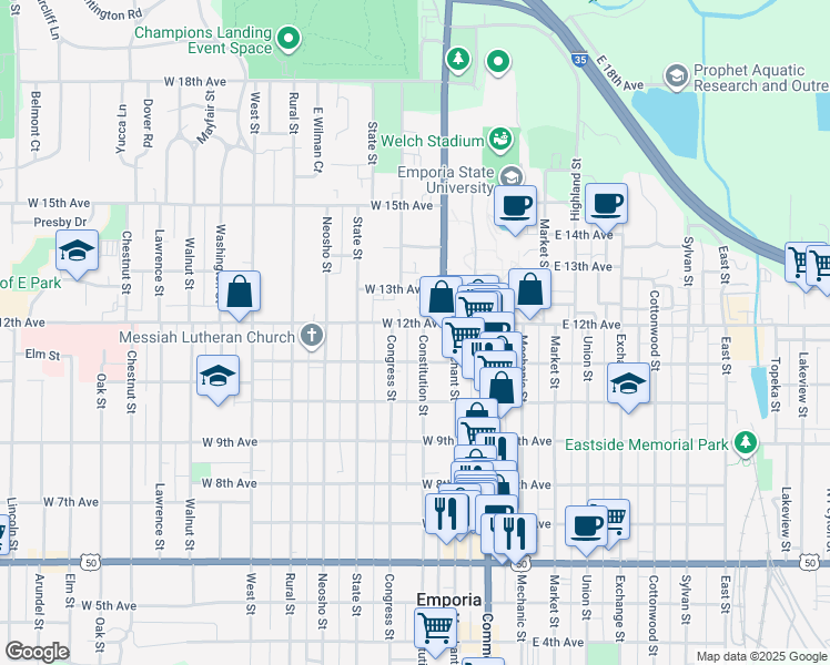 map of restaurants, bars, coffee shops, grocery stores, and more near 1121 Constitution Street in Emporia