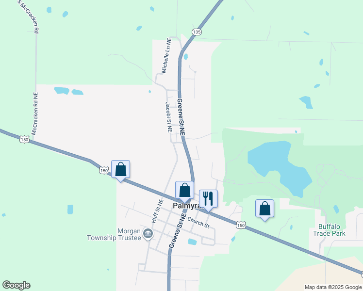 map of restaurants, bars, coffee shops, grocery stores, and more near 14475 Greene Street Northeast in Palmyra