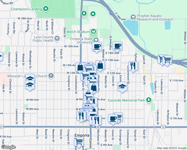 map of restaurants, bars, coffee shops, grocery stores, and more near 1124 Commercial Street in Emporia