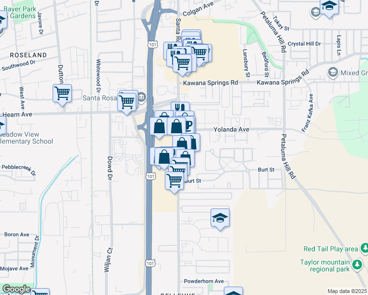 map of restaurants, bars, coffee shops, grocery stores, and more near 2700 Santa Rosa Avenue in Santa Rosa