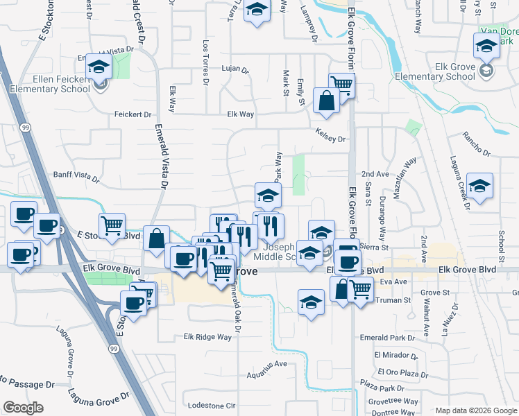map of restaurants, bars, coffee shops, grocery stores, and more near 8820 Williamson Drive in Elk Grove