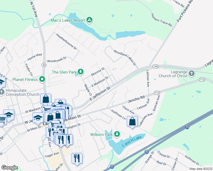 map of restaurants, bars, coffee shops, grocery stores, and more near 202 Chestnut Avenue in La Grange