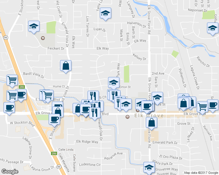 map of restaurants, bars, coffee shops, grocery stores, and more near 8783 Superb Circle in Elk Grove