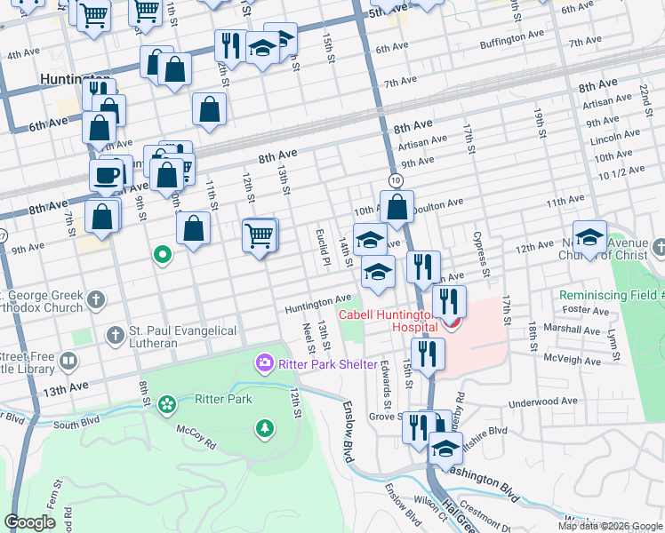 map of restaurants, bars, coffee shops, grocery stores, and more near 1066 Euclid Place in Huntington