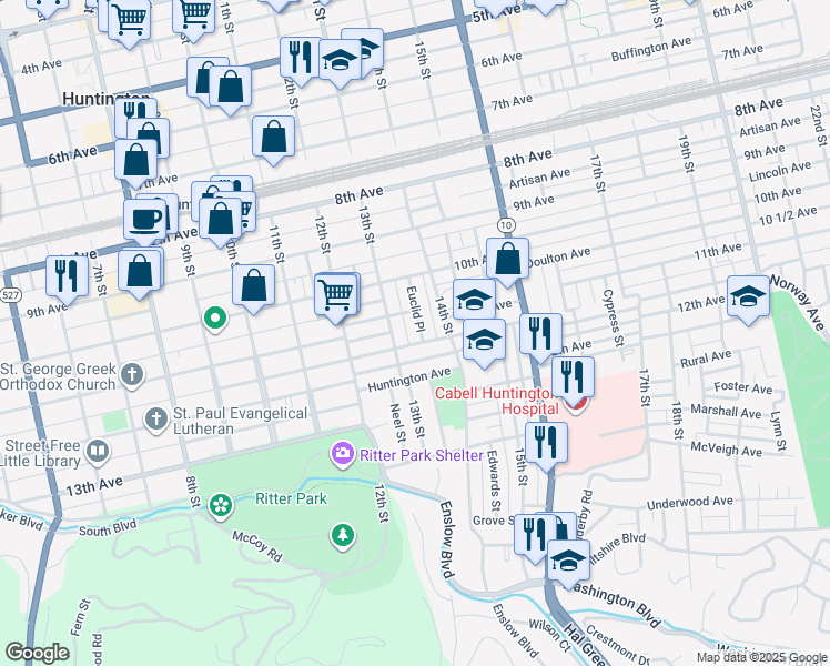 map of restaurants, bars, coffee shops, grocery stores, and more near 1118 13th Street in Huntington