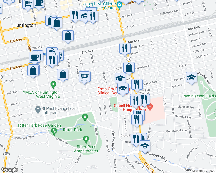 map of restaurants, bars, coffee shops, grocery stores, and more near 1064 Euclid Place in Huntington