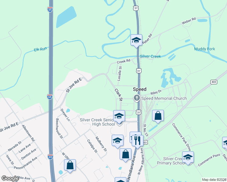 map of restaurants, bars, coffee shops, grocery stores, and more near 122 Clark St in Sellersburg