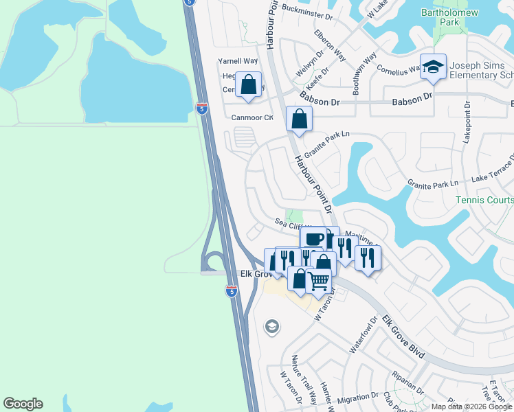 map of restaurants, bars, coffee shops, grocery stores, and more near 9439 Sea Cliff Way in Elk Grove