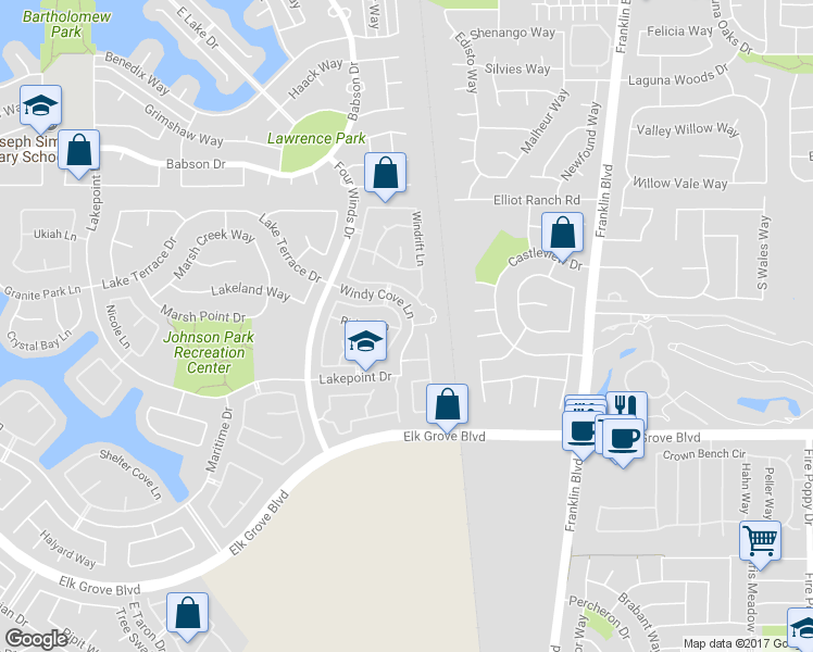 map of restaurants, bars, coffee shops, grocery stores, and more near 9523 Portside Lane in Elk Grove