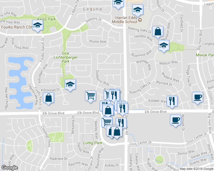 map of restaurants, bars, coffee shops, grocery stores, and more near 9512 Dunkerrin Way in Elk Grove