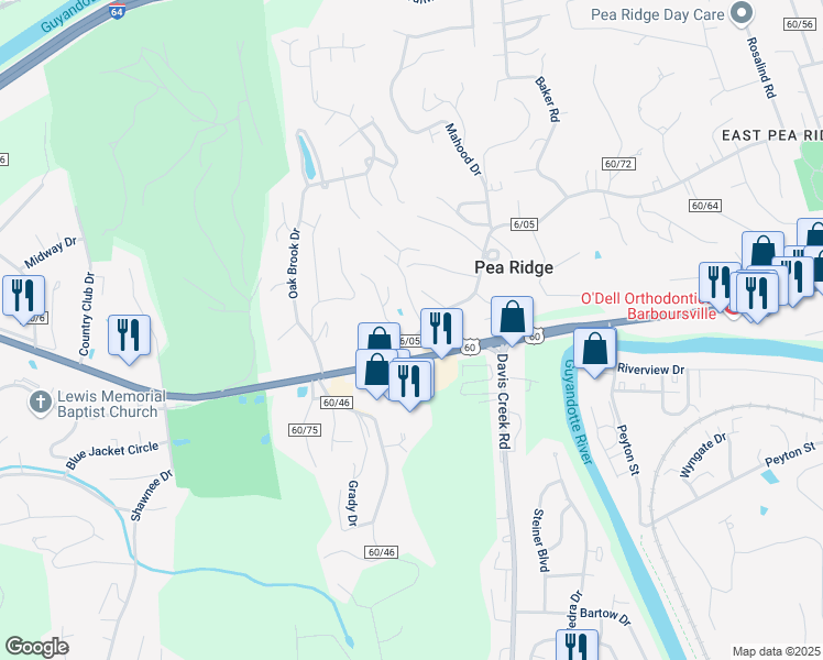 map of restaurants, bars, coffee shops, grocery stores, and more near 2 Wolfe Drive in Huntington