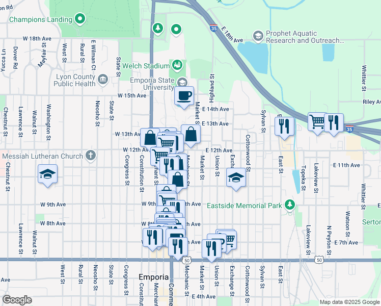 map of restaurants, bars, coffee shops, grocery stores, and more near 105 East 12th Avenue in Emporia