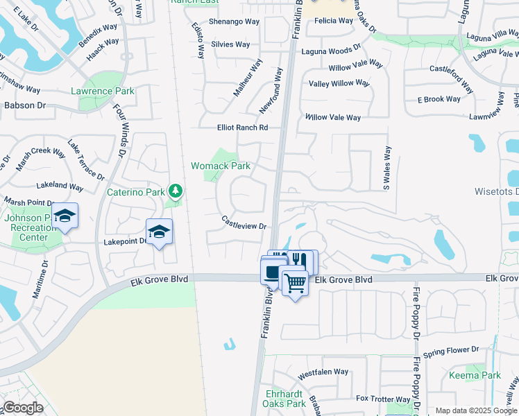 map of restaurants, bars, coffee shops, grocery stores, and more near 9496 Madrid Way in Elk Grove