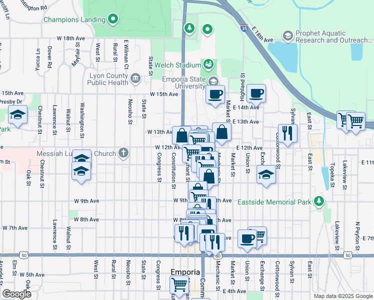 map of restaurants, bars, coffee shops, grocery stores, and more near 99 West 12th Avenue in Emporia