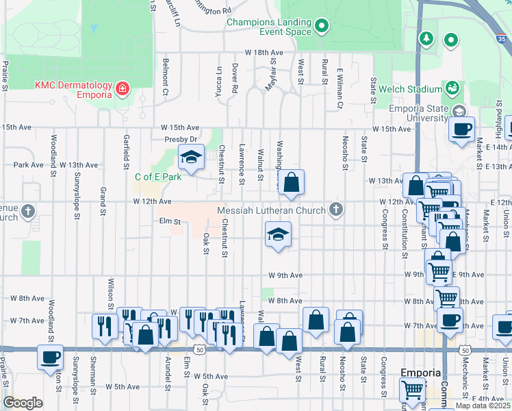 map of restaurants, bars, coffee shops, grocery stores, and more near 905 West 12th Avenue in Emporia