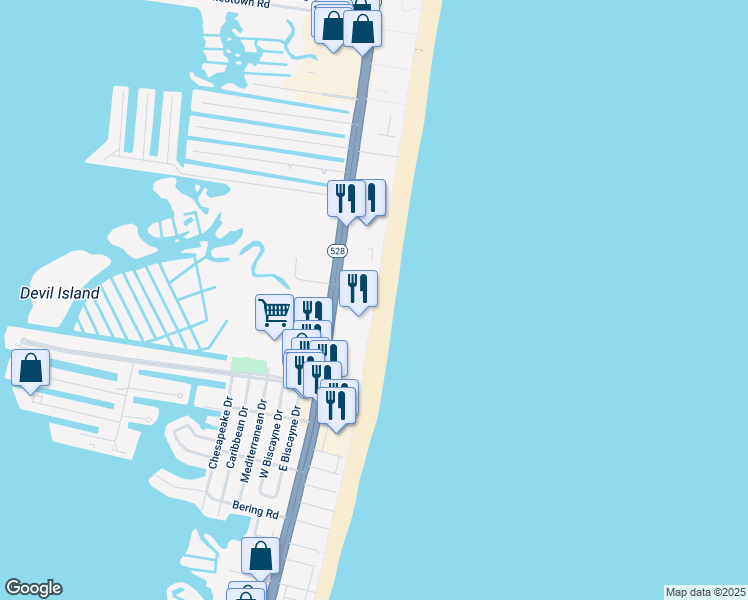 map of restaurants, bars, coffee shops, grocery stores, and more near 9900 Coastal Highway in Ocean City