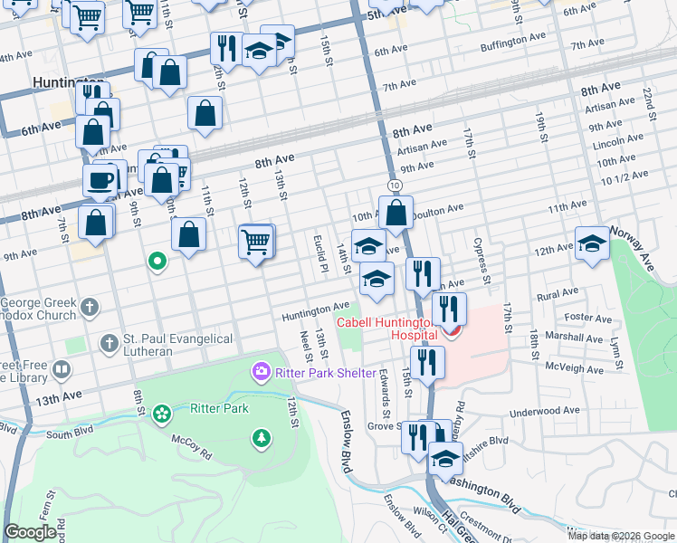 map of restaurants, bars, coffee shops, grocery stores, and more near 1350 Charleston Avenue in Huntington