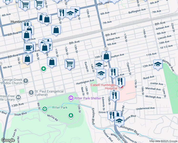 map of restaurants, bars, coffee shops, grocery stores, and more near 1350 Charleston Avenue in Huntington