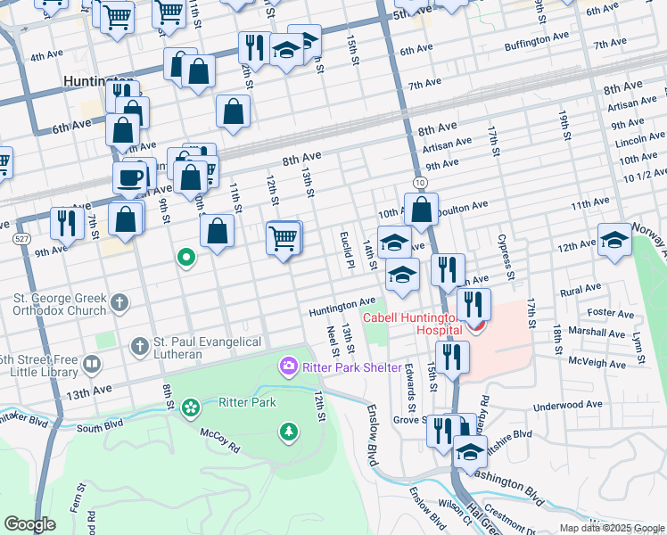 map of restaurants, bars, coffee shops, grocery stores, and more near 1118 13th Street in Huntington