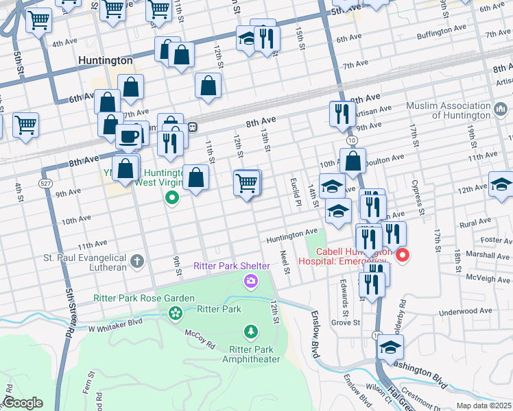 map of restaurants, bars, coffee shops, grocery stores, and more near 1207 Kanawha Terrace in Huntington
