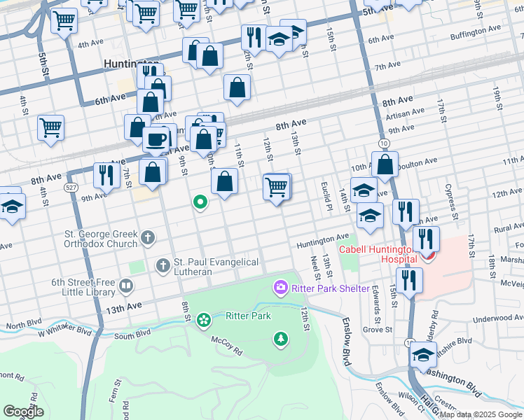 map of restaurants, bars, coffee shops, grocery stores, and more near 1112 11th Avenue in Huntington