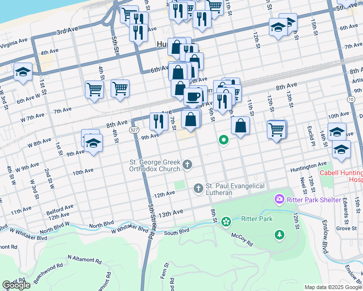 map of restaurants, bars, coffee shops, grocery stores, and more near 704 10th Avenue in Huntington
